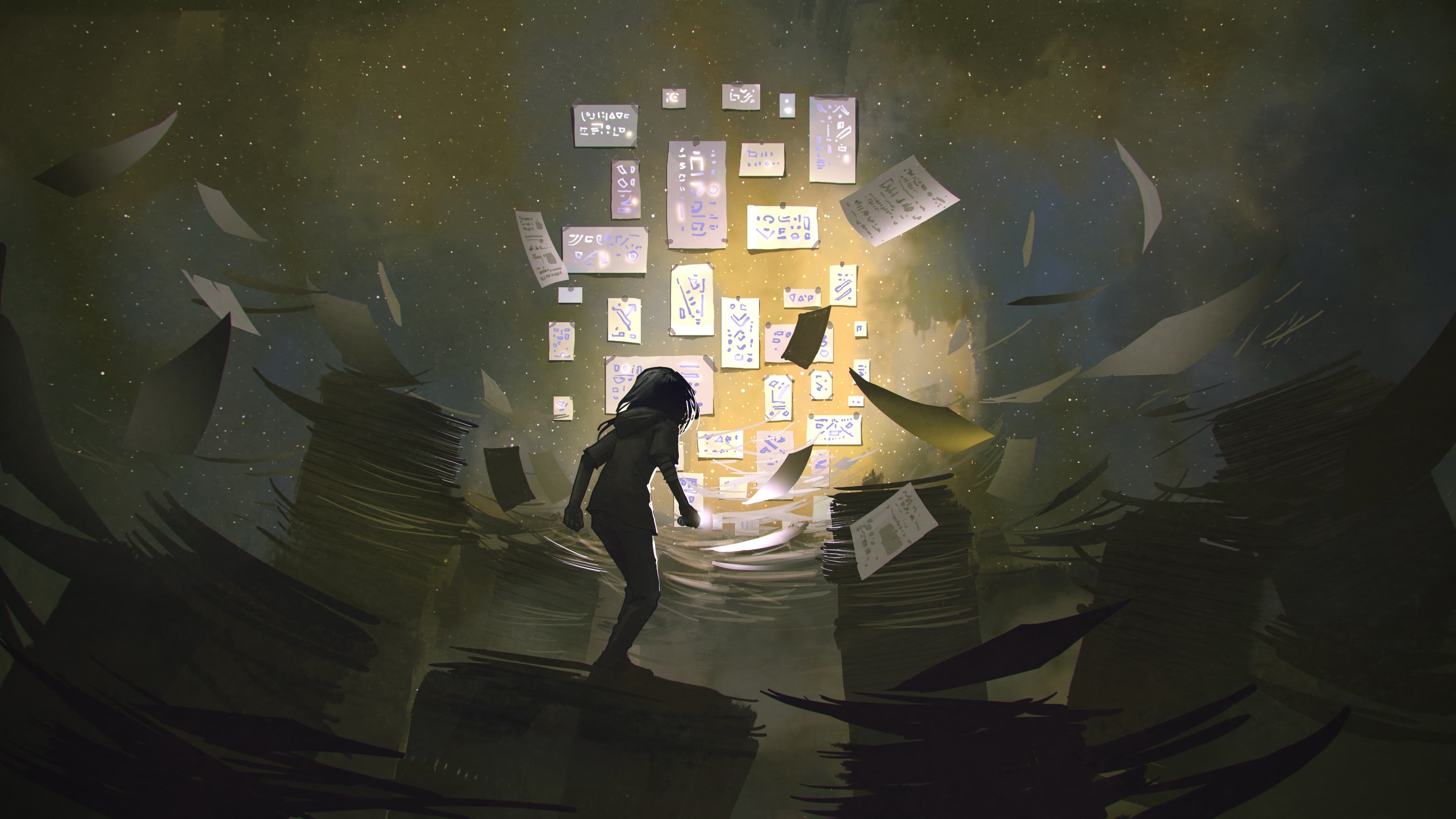A writer surrounded by towering shelves of books