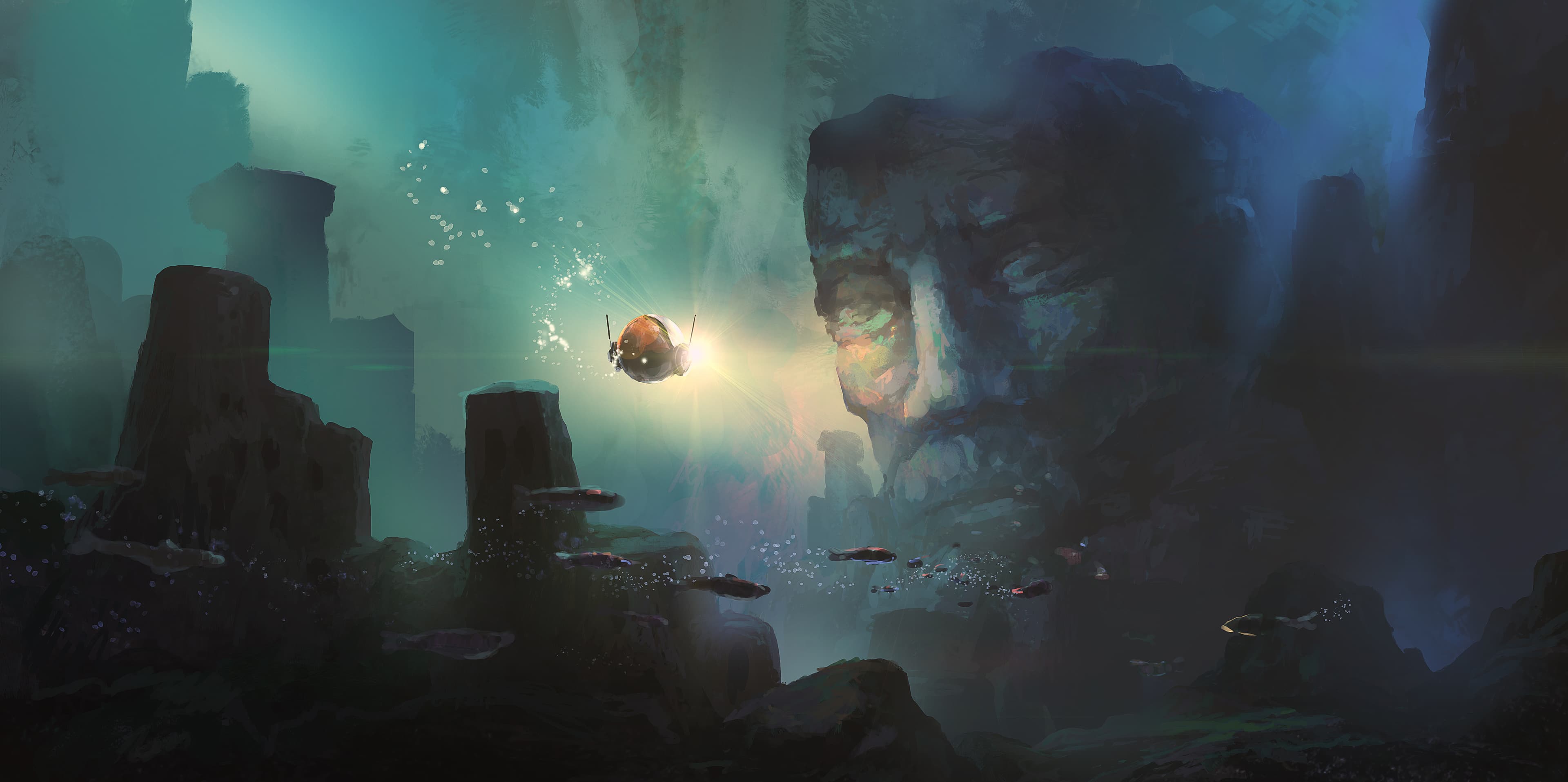 A vast underwater statue, evoking the scale of a story waiting to be told